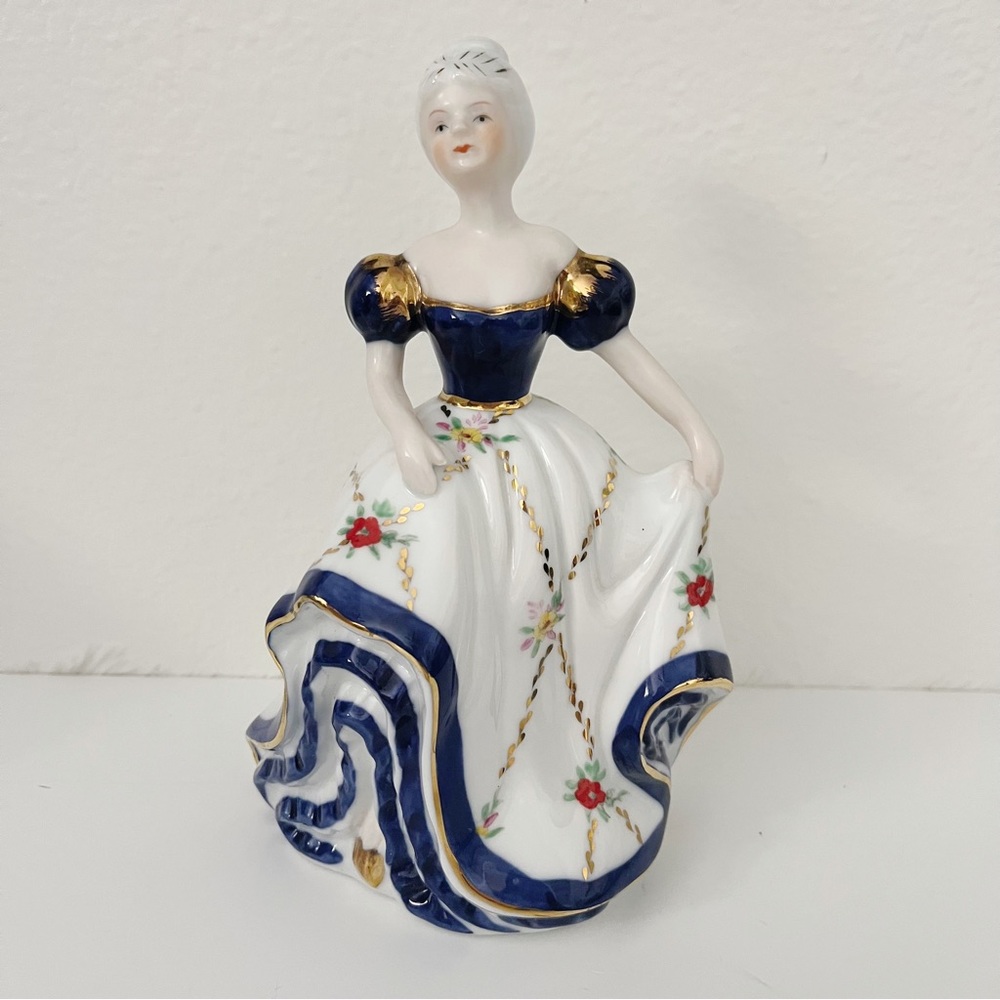 Vintage KPM Porcelain Victorian Lady Figurine in Blue and White Ball Gown